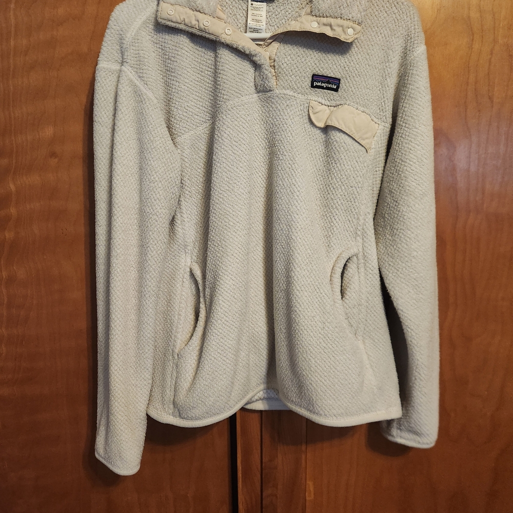 Patagonia Jacket Womens XL Cream Raw Linen Re-Tool Snap-T Fleece Pullover Hiking